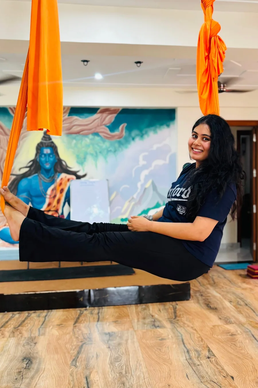 Aerial yoga in the hammock at Rudra Yogpeeth, Rishikesh